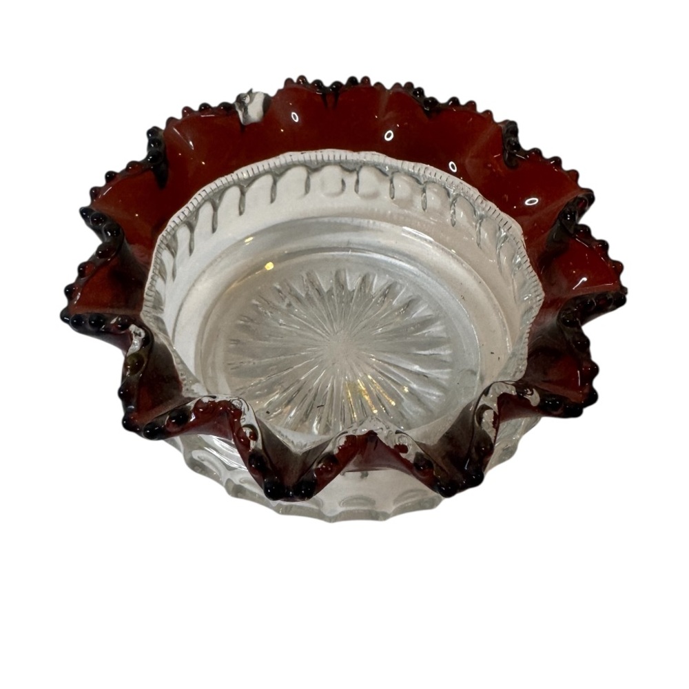 Red and Clear Glass Ruffled Bowl